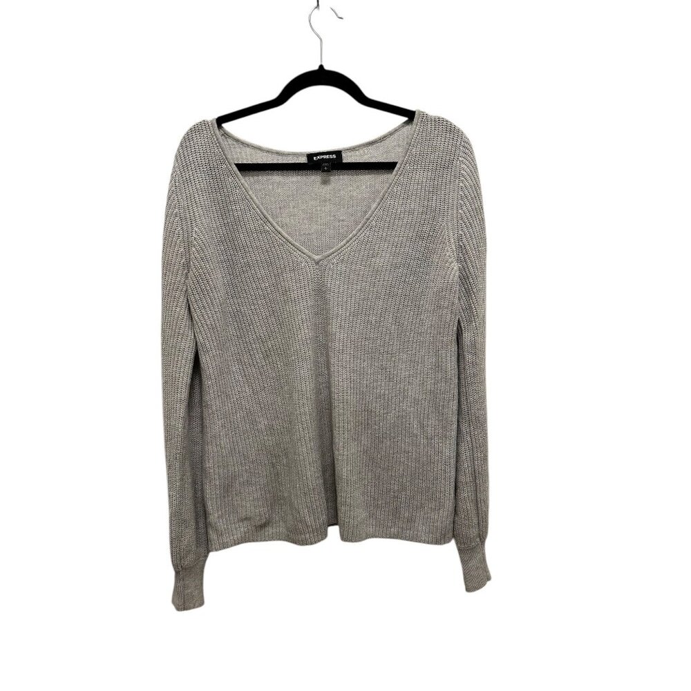 Express Womens Light Gray V-Neck Knit Sweater Long Sleeve Lightweight Casual L